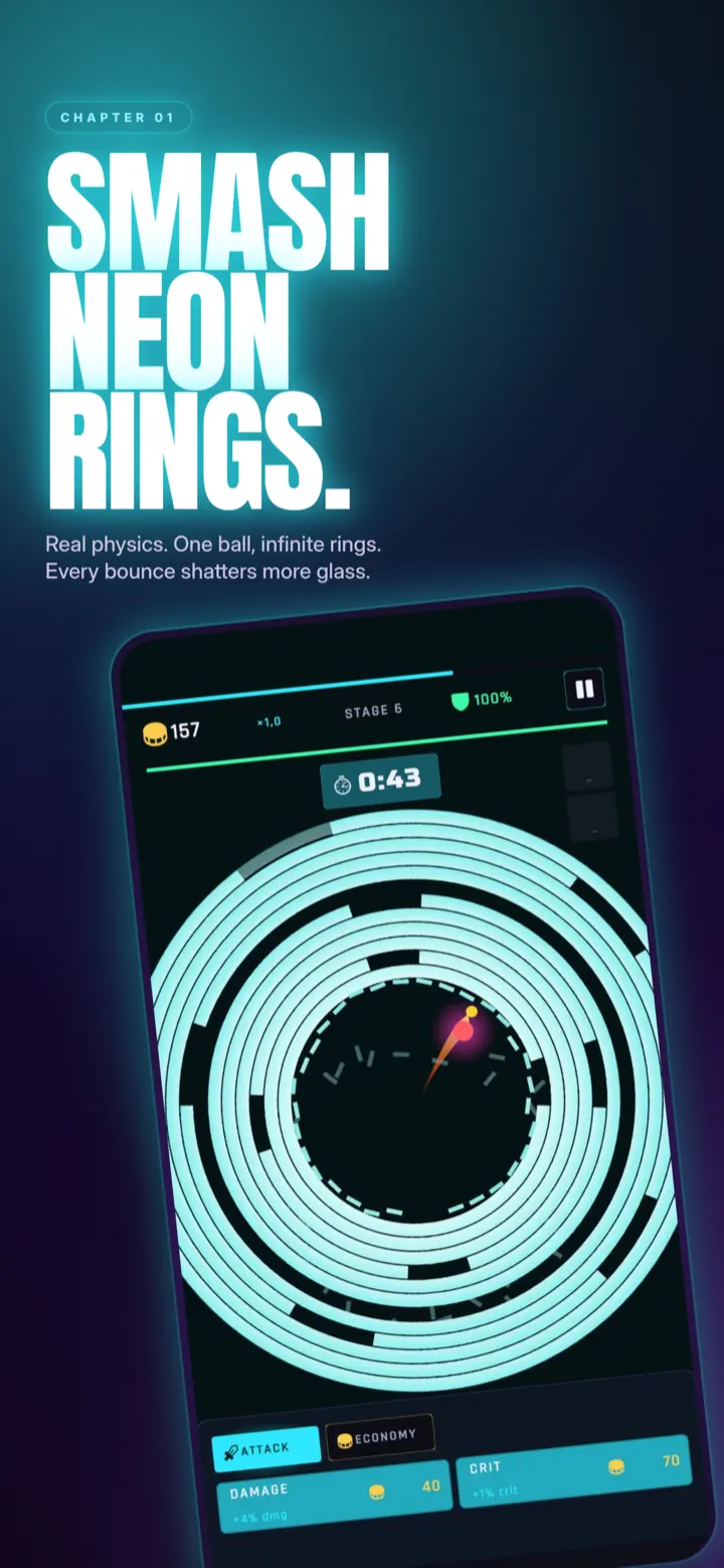 Core gameplay loop — ball bouncing inside rings